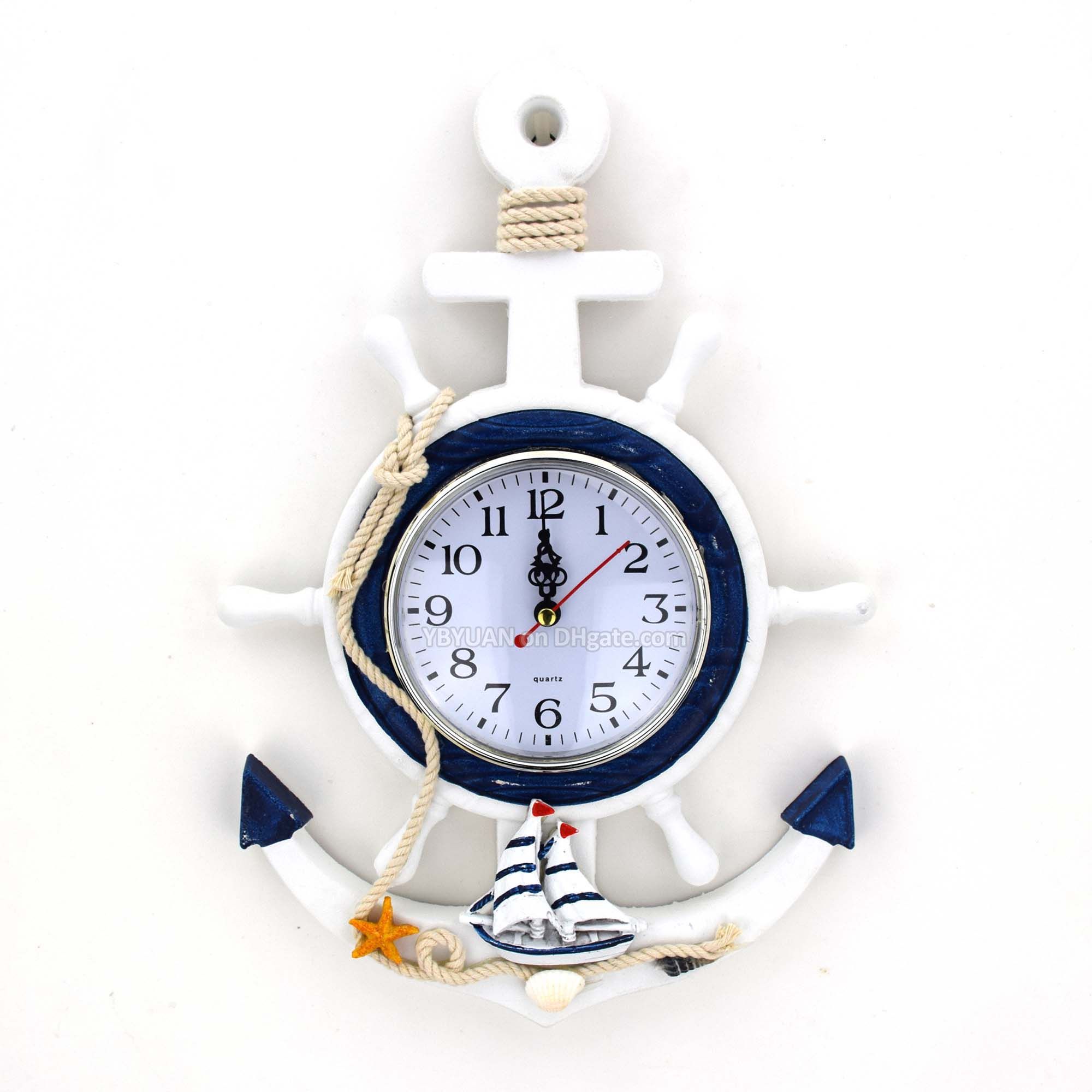 Hdf Distressed Wood Helm Anchor Wall Clock Quartz Watch Mediterranean Style Timepiece With Starfish Sea Conch Shell Handicrafts Decoration Very Large