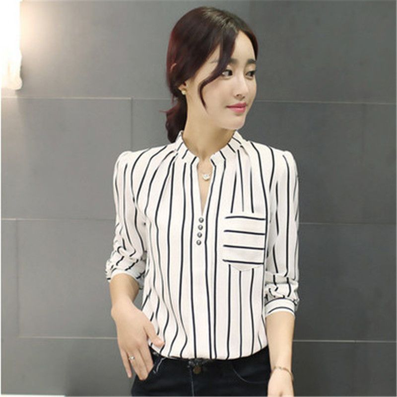 Dames Zwart-wit Streep Shirt 2016 Nieuwe Collectie Lange Mouw Chiffon Blouse Koreaanse Mode Office Women Tops