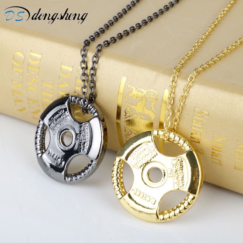 GOLD  MUSCLE MEN BODYBUILDER PENDANT NECKLACE DUMBBELL BARBELL WEIGHT LIFTING 