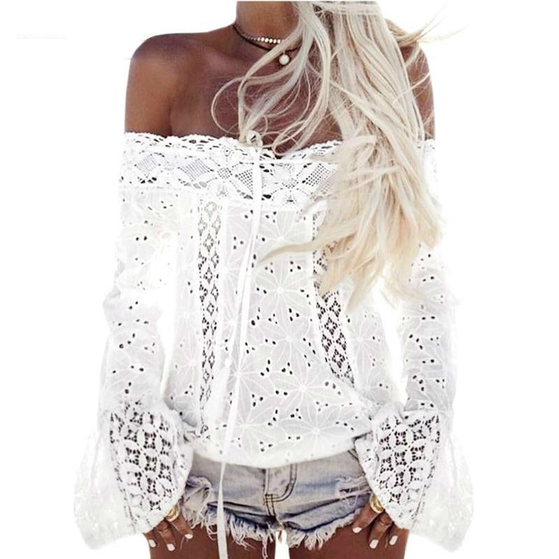 Boho Top Off Hombro Camisa Blusa de encaje blanco 2018 Hippie Chic Ropa de