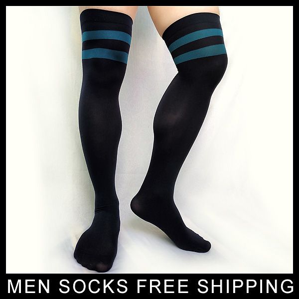 Thigh High Nylon Striped Socks For Mens Long Tube Sexy Gay Male Stocking Hose Black Elastic Thigh High Nylon Striped Socks For Mens Long Tube Sexy Gay Male Stocking Hose Black Elastic