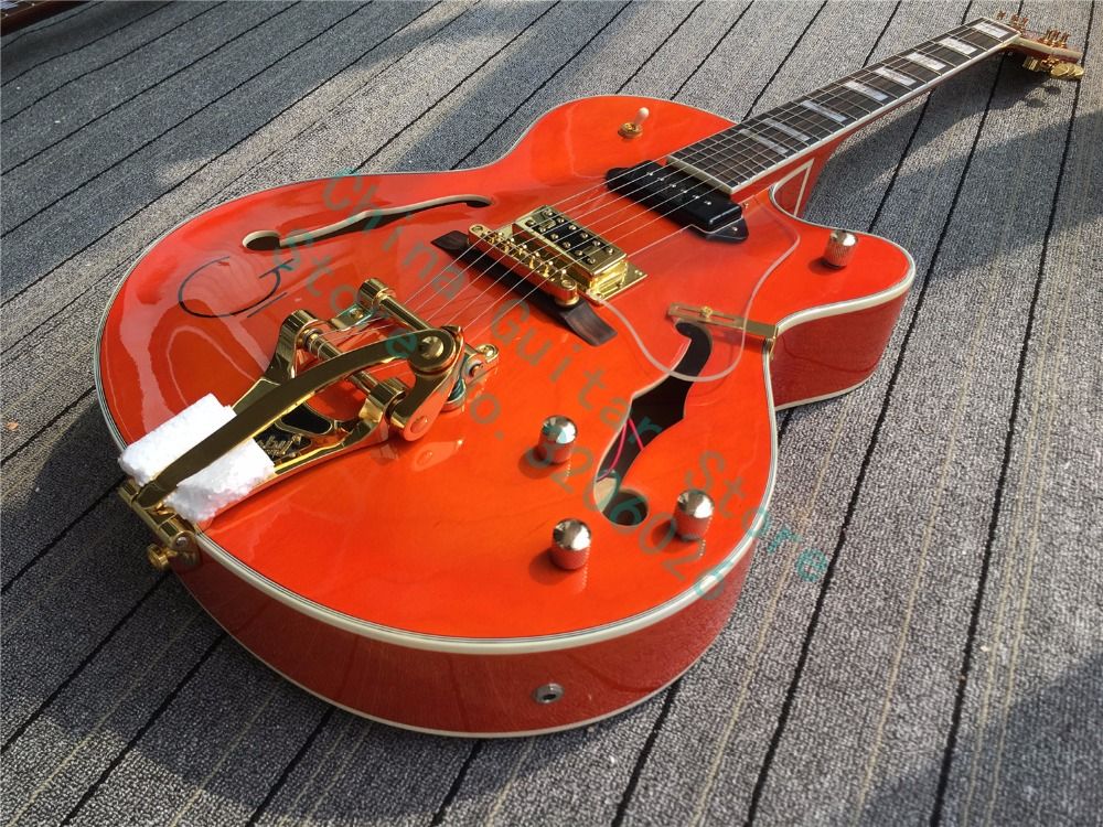 Personalizzato G6120 Eddie Cochran Orange Jazz Semi Hollow Body Guitar Guitar Electric Bigs Tremolo Targaglia, Nero P 90 Pickup, hardware d'oro