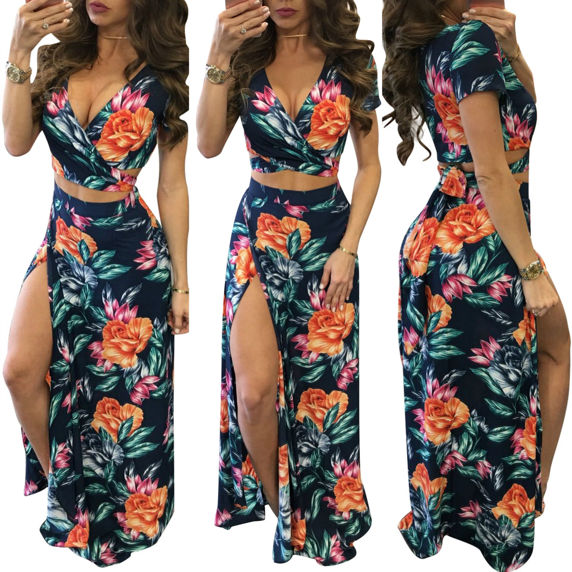 Wholesale Best Quality Style Women Summer Long Maxi Dresses Two Piece Sexy  Deep V Neck Short Sleeve Crop Tops + High Split Long Skirt Casual Women  Beach Dress S XL And Two