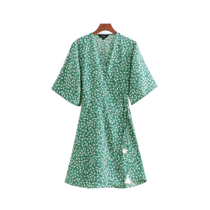 v neck floral wrap dress