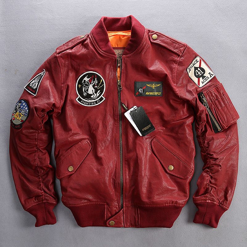 Buy Cheap Mens Leather & Faux Leather In Bulk From China Dropshipping Avirex Flight Jacket Men Plant Tranned Goatskin Badge Pilot Leather Bomber Red Genuine Leather Coat Men XXXL Online