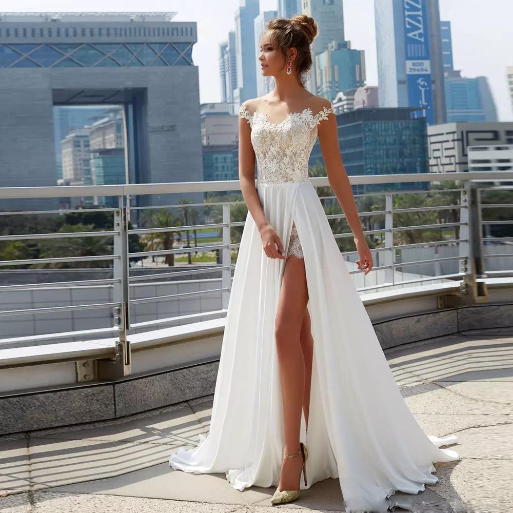 Abito Da Sposa Bohemien Sexy In Chiffon Con Collo Gioiello E Maniche  Appliques Abito Da Sposa In Spiaggia Abito Da Sposa Estivo Con Spacco  Laterale Alto Da 111,2 € | DHgate Italy
