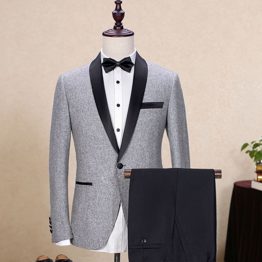 Compra Nuevo Traje De Fiesta Para Hombre Traje De Lana Gris Con Pantalón  Negro Trajes De Boda Para Hombres Solapa Shawl 2 Piezas Vestido Coreano  Slim Fit Barato | Entrega Rápida Y