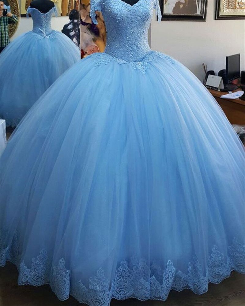 azul vestido de bola de quinceañera 2019 fuera del hombro encaje vintage más el