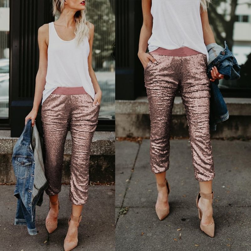 Compre Calças De Cintura Média De Cordão De Lantejoulas Sólido Sexy Feminino Jogger Capris Calças De My01, $97,97 | Pt.Dhgate.Com