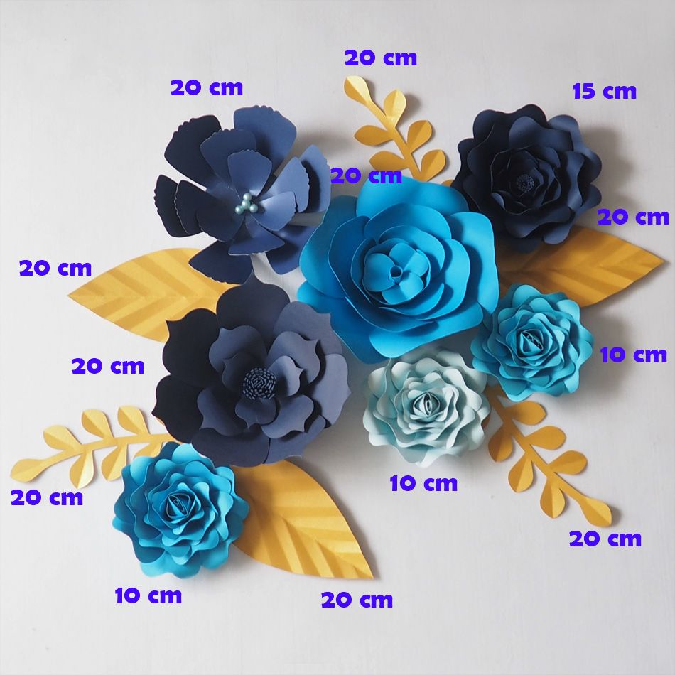 Azul diy flores de papel gigante pano de fundo artificial handmade flor 7  pcs + folhas