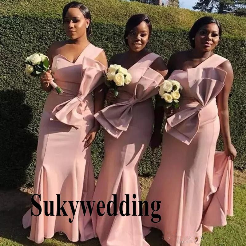 one shoulder pink bridesmaid dress