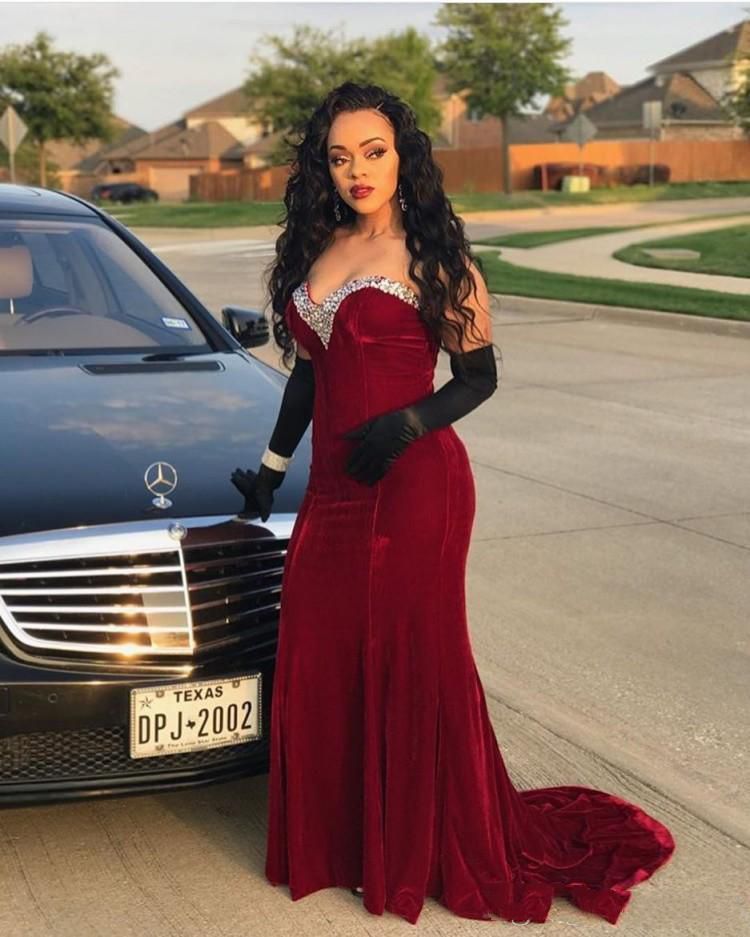 2019 Burgundy Velvet Black Girls Prom Dresses Sweetheart Beading