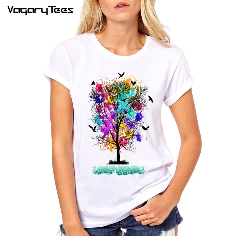Camiseta De Mujer Colorida Mano Árbol Pintado Mujer Camisetas Diseño De Arte Camiseta Impresa Manga Corta O Cuello Casual Tops De 22,64 € | DHgate