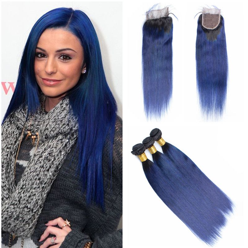 2019 Brazilian Virgin Human Hair Bundles With Lace Closure 1b Blue