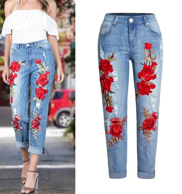 Scuffs de moda 3D Flores bordadas Hole Ripped Jeans S-3XL Tallas grandes  Pantalones de mezclilla