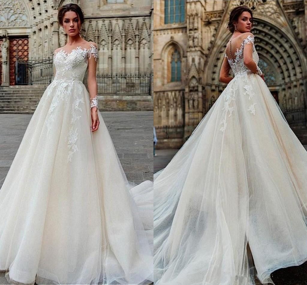 Compra Vestidos De Novia Modestos Con Encaje Apliques Manga Larga Cuello De  Tul Capilla Vestido De Novia Vestidos De Boda Elegantes Barato | Entrega  Rápida Y Calidad | Es.Dhgate