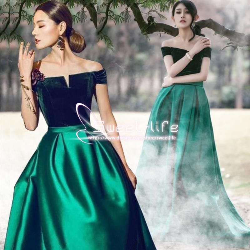 Forest Green Fashion Line de baile Bateau Terciopelo Top Empire Velvet Elástico Satinado
