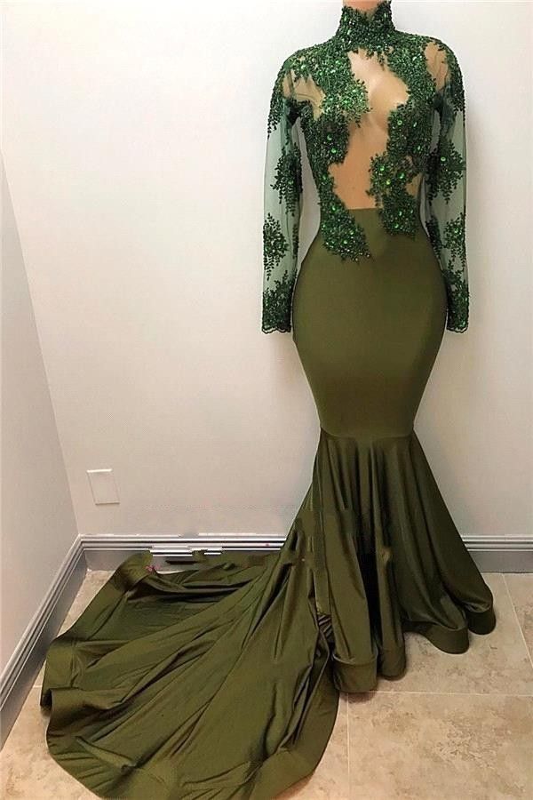 Olive Green Mermaid Prom Dresses 2018 African High Neck Long Sleeves