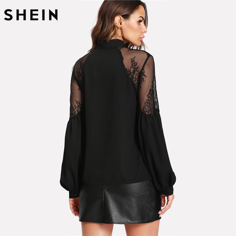Compra SHEIN Blusa Con Manga Larga De Linterna Negra Tops De Mujer Elegante  Con Estampado De Oficina Blusa Con Cuello En V Informal Top Con Cuello En  Contraste Barato | Entrega Rápida