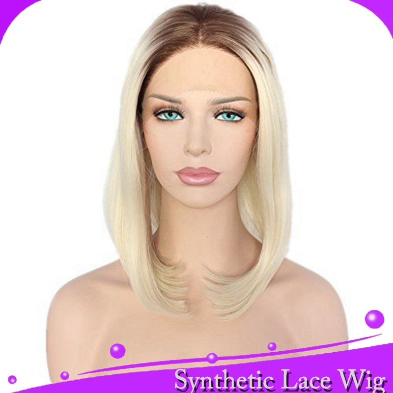Mhazel Short Bob Style Straight Dark Roots Brown Ombre Blonde 0809 Hair Synthetic Front Lace Wig Black Wig With Bangs Lace Front Synthetic Wigs With