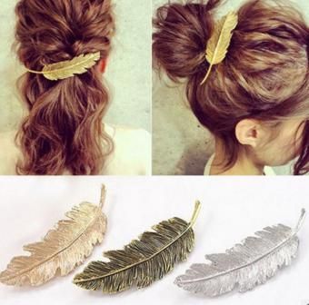 Pretty Hair Clips Vintage Gold Silver Metal Leaf Feather Shape