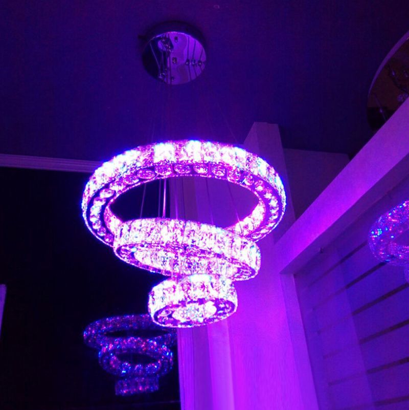 Color Changing RGB LED Pendant Light Luxury Round Crystal Lamp 3 Rings