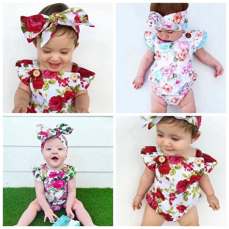 ropa del bebé recién nacido niña de las flores del verano mameluco bodies + diadema