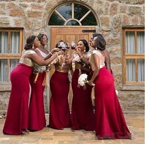 burgundy and gold wedding bridesmaid dresses