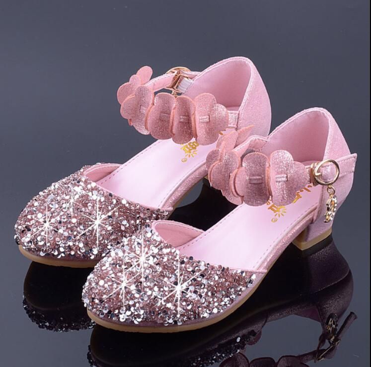 Zapatos para niños para niñas High Heel Princess Sandals Zapatos Glitter Cuero Cuero Mariposa