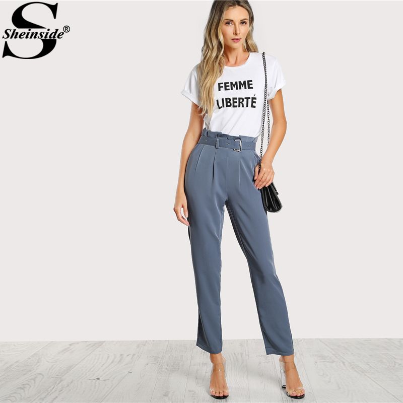 Compre Sheinside 2018 Calças De Cintura Alta Estilo OL Plissadas Calça De Alfaiataria Com Cinto De Fivela, Mulheres Com Zíper Elegante Calças De Trabalho De My01, $203,46 | Pt.Dhgate.Com