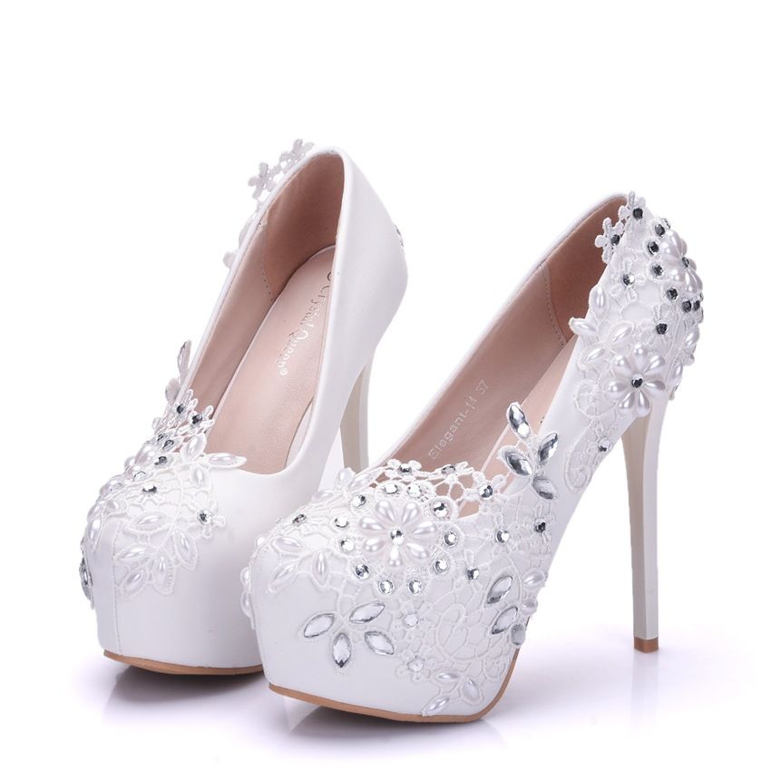 Nuevos zapatos punta redonda hechos mano elegantes para mujeres Flores de encaje blanco