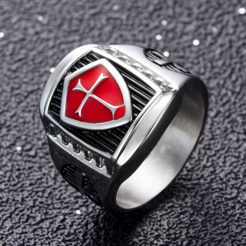 Ring Templar Shield Cross Ruby Stone 316L Stainless Steel Knights Crusade Celtic 