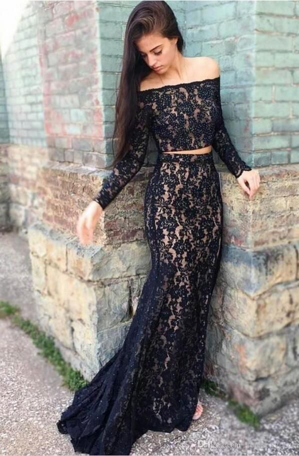 Modeldress 2 Piece Prom Dresses 2019 Long Sleeves Lace Mermaid Prom Dresses 
