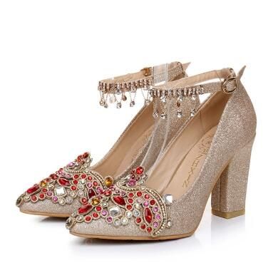 gold shoes with chunky heel