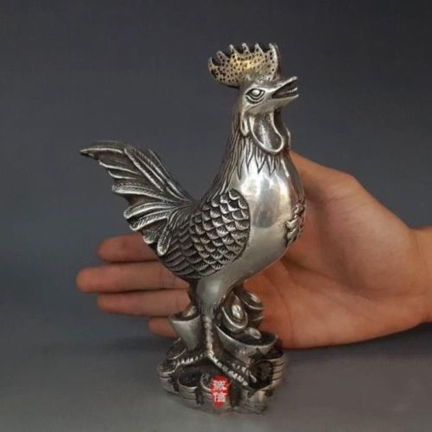 7"Chinese Pure Silver Carving Money Wealth Yuanbao Chicken Animal Statue Antique 