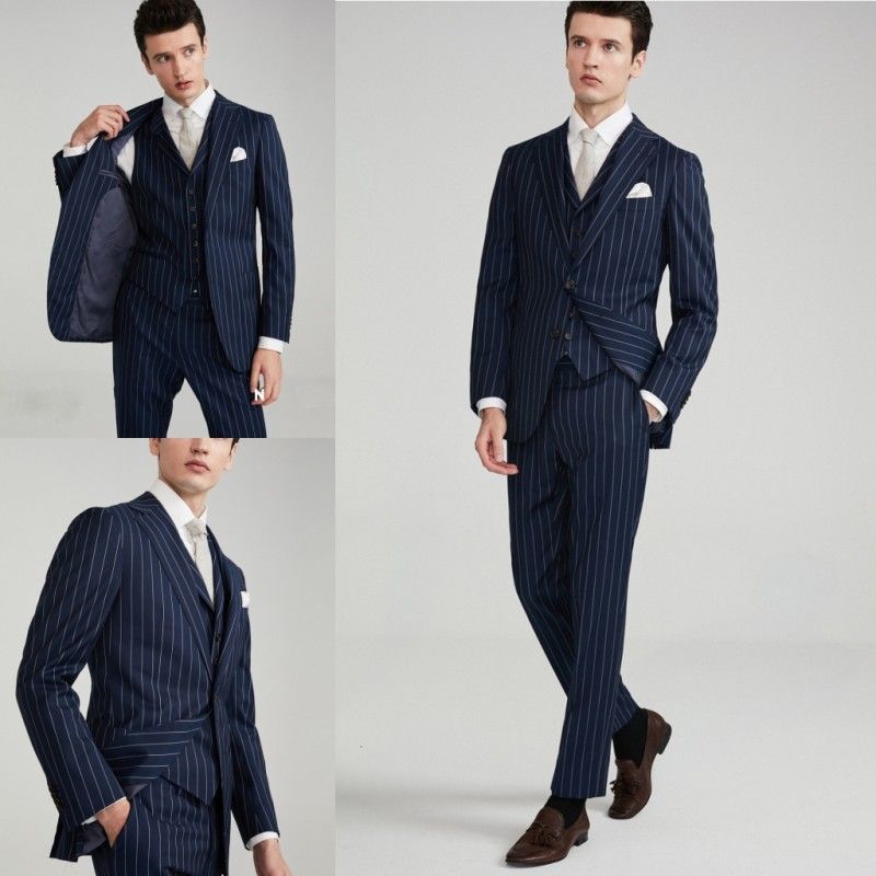 Acquistare Hot Design Matrimonio Sposo Abiti Colore Navy Gessato Tessuto  Tre Pezzi Giacche + Pant + Gilet Cappotti Mattino Slim Fit Sposo Tuxeods  Economico | Consegna Veloce E Qualità | It.Dhgate