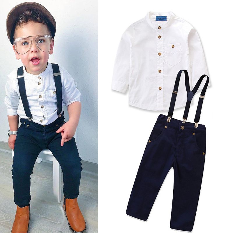Compra Bebé De Los Trajes Camisa Blanca Pantalones Sólidos De La Armada  Sujetador Ropa De Los Niños De Las Ligas De Fila Única Hebilla De Bolsillo  Con Cremallera Trajes De Manga Larga