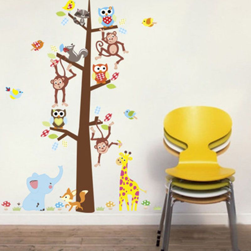 Owls Monkey Giraffe Lione Animals Tree Wall Art Decal Sticker Decorative for Living Room Nursery Baby Girl Boy Kids Childrens Room Bedroom Mural Decoration