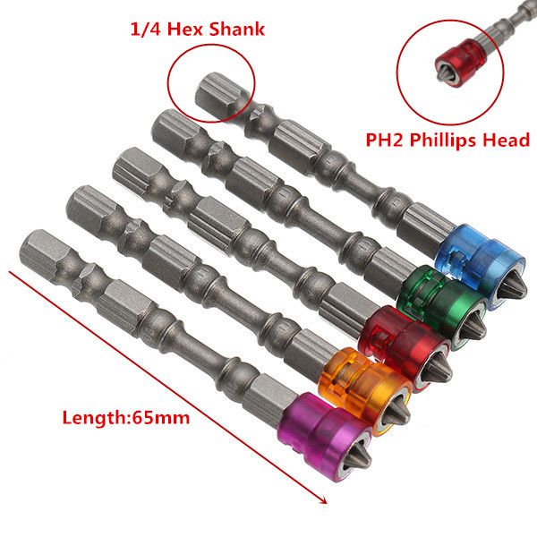 5PCS Drywall Screwdriver Bits PH2 Hex Shank Magnetic Anti-Slip 65mm, Cross Screw Screwdriver Bits Set Electric Power Driver Bit Set