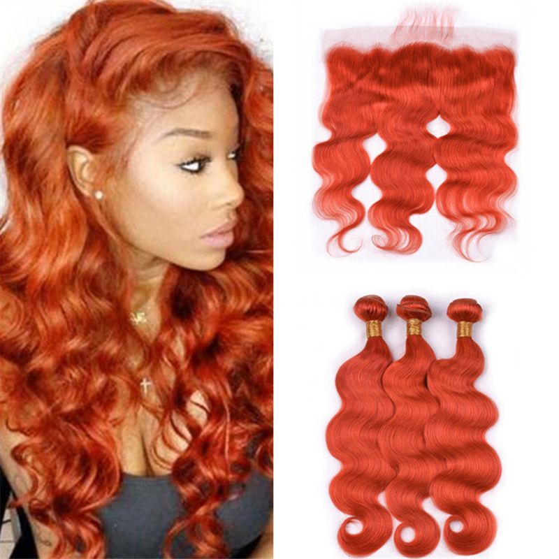 2020 Bright Orange Lace Frontal Closure And Bundles Burnt Orange