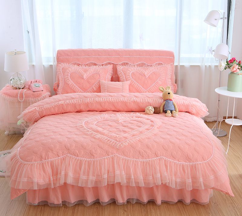 Princess Wedding Bedding Sets King Queen Girls Lace Bed Skirt Set