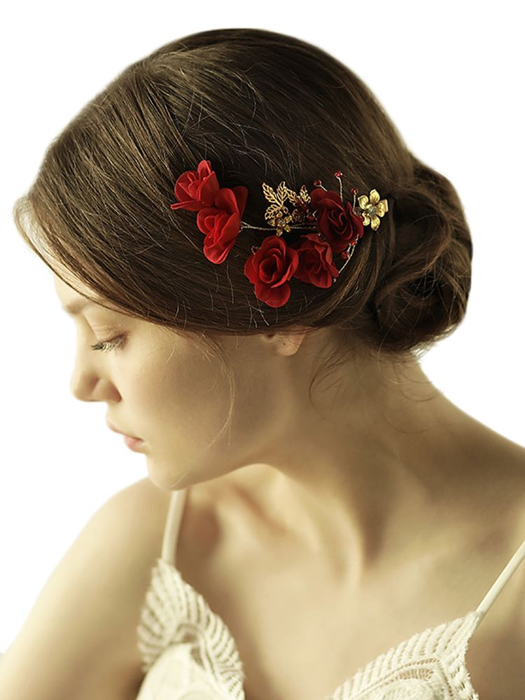 Vintage Handmade Red Rose Hair Clip Golden Leaf Rhinestones Flower Headpiece Bridal Wedding Accessories Vintage Handmade Red Rose Hair Clip Golden Leaf Rhinestones Flower Headpiece Bridal Wedding Accessories