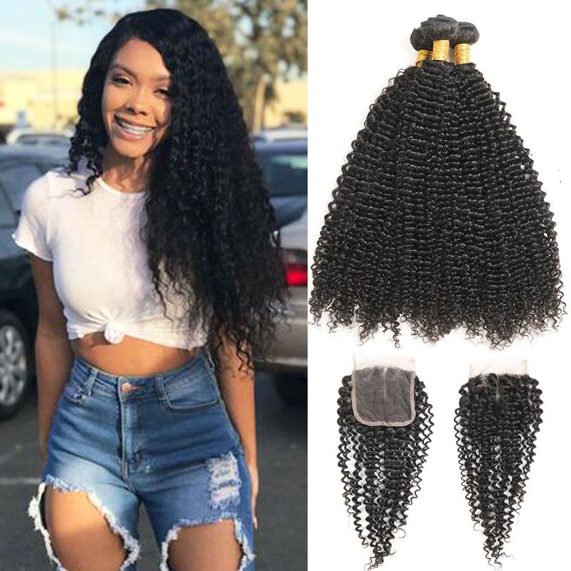 Indian Afro Kinky Curly Hair Weave 3 Bundles With Closure Top