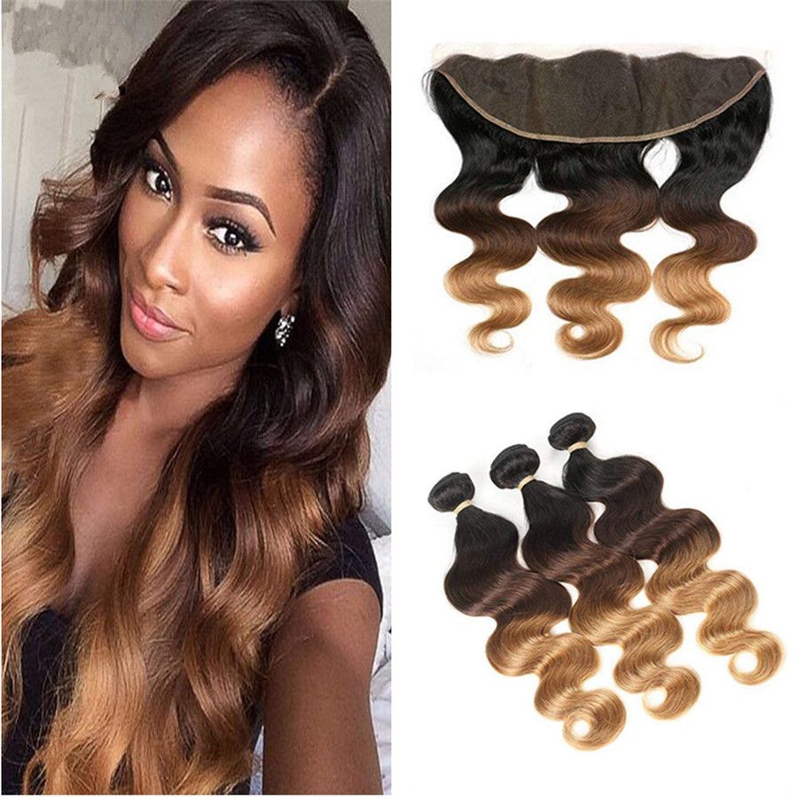 2019 Ombre Human Hair Extensions Virgin Peruvian Three Tone Brown