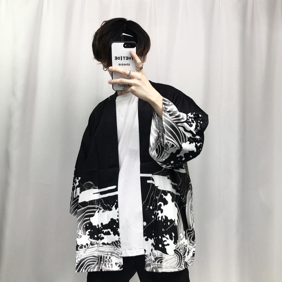 Cárdigan Japonés Para Hombre, Kimono, Ropa Tradicional Samurái, Ropa De Calle, Camisa Suelta Protección Solar, S1 Gris8