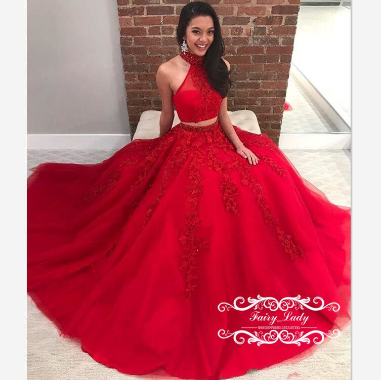 2018 Red Two Piece Quinceanera Dresses With Appliques Beads Illusion Sheer  Neck Long Crop Top Dress Prom Gowns Vestidos De 15 Anos
