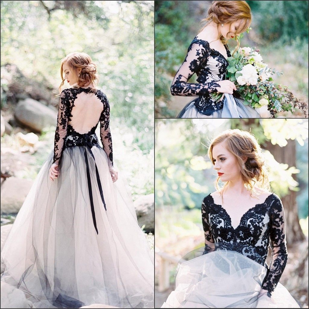 Discount 2018 Black Long Sleeves Lace A Line Wedding Dresses Off The ...