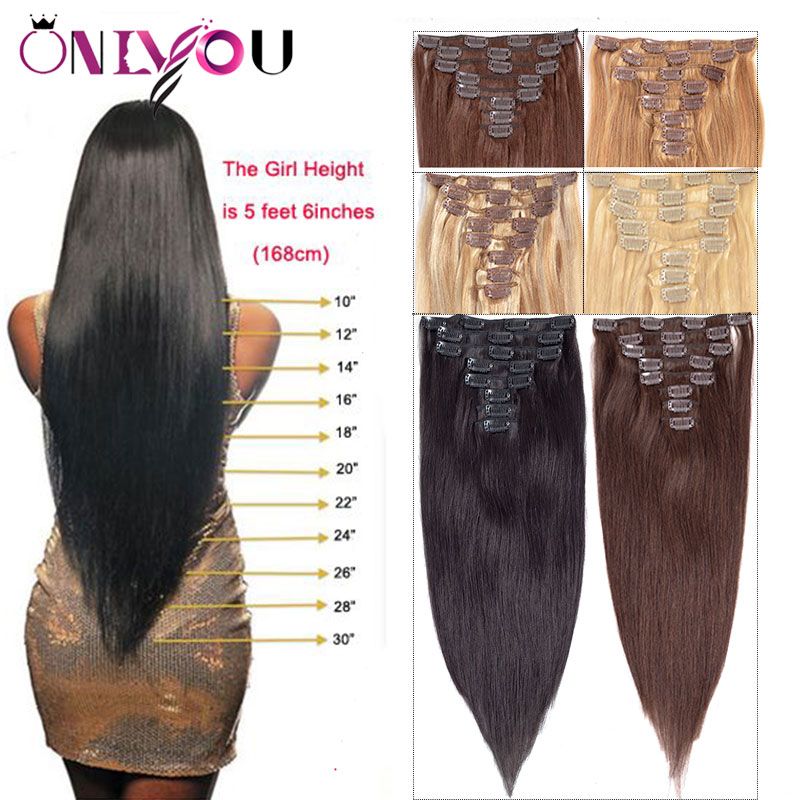 Newest Brazilian Virgin Straight Human Hair Clip In Extensions 8pcs/set 14-24  inch Full Head Body Wave Nature Clip in Human Hair Extensions
