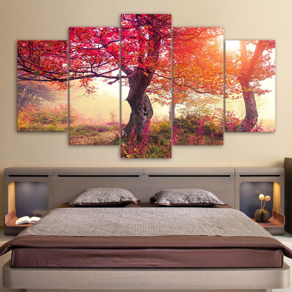 Compre Hd Impreso 5 Piezas Pintura Estaciones Arboles Arboles Rojos Pintura Del Bosque Gran Lienzo Arte Imagenes De Pared Para La Sala De Estar A 13 47 Del Paintingart2017 Dhgate Com