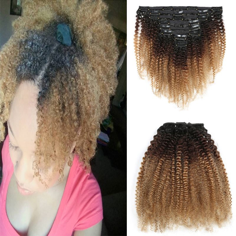 Ombre Color Hair Three Tone Afro Kinky Curly Clip In Human Hair